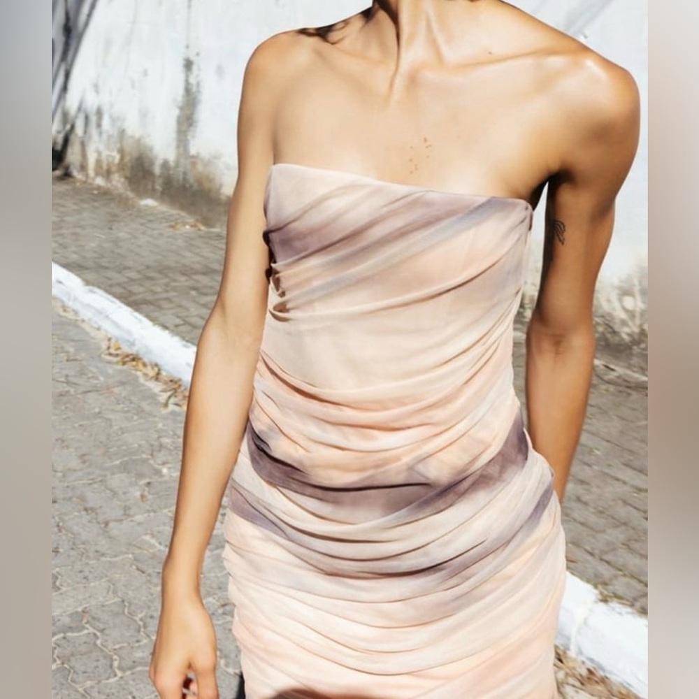 NWT Zara Ruched Mini Dress in Cream and Brown - Picture 5 of 7